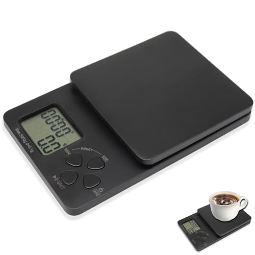 Kaffeewaage mit Timer: Digitale Küchenwaage 3000g/0,1g, Espresso Waage inkl. 2 Batterien, Coffee Scale mit LCD-Display, Barista Waage Digitale Feinwaage mit Tara Funktion von Leikurvo