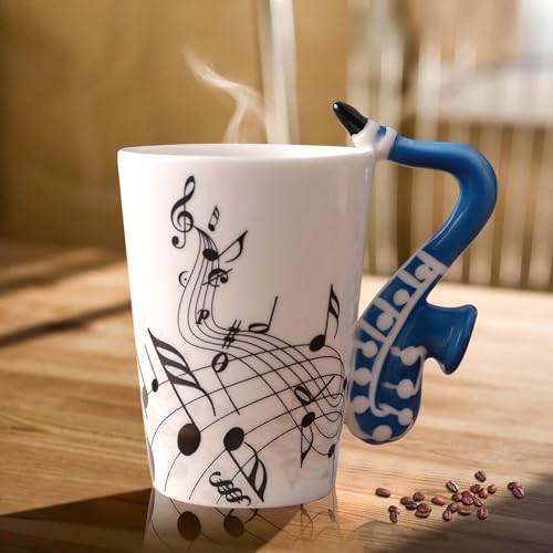 Keramik Kaffeetasse mit Saxophon Henkel, Musik Note Bedruckt Teetasse Geschenk Tasse Keramiktasse Kaffeebecher Für Musiklieber Musik Geschenk, 250ml, Blau von Leikurvo
