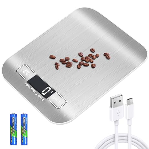 Küchenwaage Digital, 10kg/1g Küchenwaage USB Wiederaufladbar Digitale Küchenwaagen mit LCD Display & Tara Funktion Professionelle Küchenwaagen mit Akku Ladekabel - Silber Weiss von Leikurvo