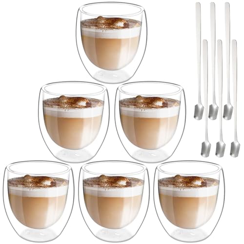 Latte Macchiato Gläser Doppelwandig Espressotassen Set, 6 x 250ml Doppelwandige Gläser mit 6 Löffeln, Cappuccino Tassen Kaffeegläser Kaffeetassen Eiskaffee Glas Thermogläser Kaffeebecher von Leikurvo