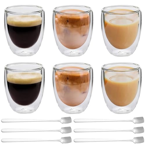 Latte Macchiato Gläser Doppelwandig Espressotassen Set, 6 x 350ml Doppelwandige Gläser mit 6 Löffeln, Cappuccino Tassen Kaffeegläser Kaffeetassen Eiskaffee Glas Thermogläser Kaffeebecher von Leikurvo