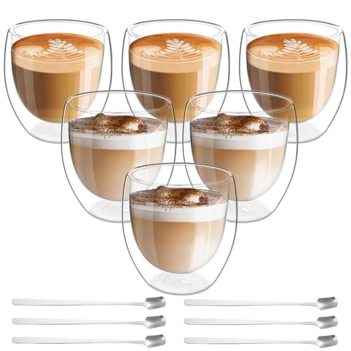 Latte Macchiato Gläser Doppelwandig Espressotassen Set: 6 x 80ml Doppelwandige Gläser mit 6 Löffeln, Cappuccino Tassen Kaffeetassen Kaffeegläser Eiskaffee Glas Kaffeebecher Thermogläser von Leikurvo