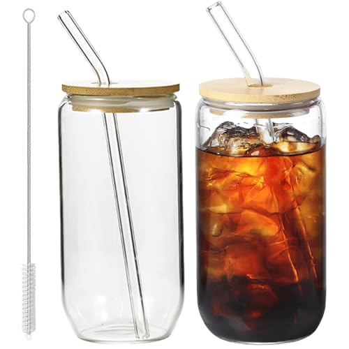 Leikurvo 2er Set Bubble Tea Becher, 500ml Trinkgläser mit 2 Deckel, 2 Strohhalm und 1 Bürste, Glasbecher mit Deckel, Eiskaffee Gläser für Ice Coffee, Cocktail, Smoothie Glas, Beer von Leikurvo