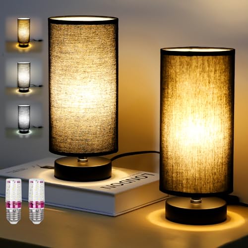 Leikurvo Nachttischlampe 2er Set, Moderne Tischleuchte mit E27 Fassung & Kabelschalter, Schwarz Nachttischleuchte mit Lampenschirm für Schlafzimmer, Wohnzimmer, Büro, Kinderzimmer (Birne inklusive) von Leikurvo