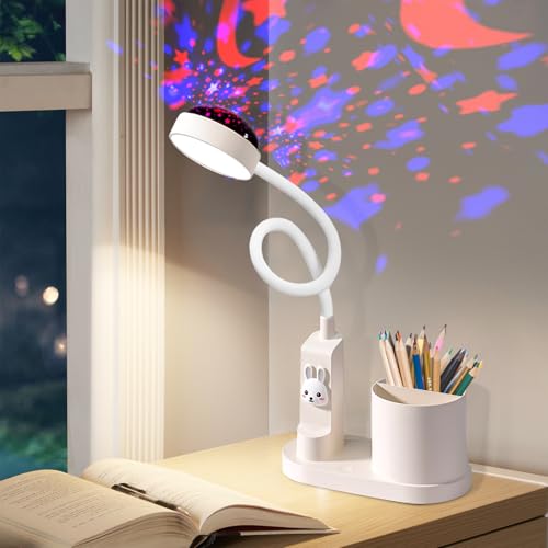 Leikurvo Schreibtischlampe Kinder, LED Nachttischlampe mit Stifthalter, Tischlampe Dimmbar Wiederaufladbare LED-Leselampe 360° Verstellbar Schwanenhals Studienlampe mit Stern Projektion (Weiß) von Leikurvo