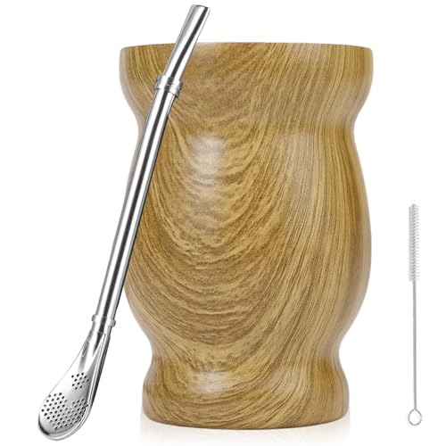 Mate Becher, Mate Tee Becher Set mit Löffel und Reinigungsbürste, Edelstahl Mate Tee Set Yerba Mate Tee Cup Set Dishwasher Safe and Durable für Küche, Restaurant, Café (Gelblichbraun) von Leikurvo