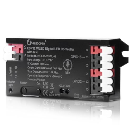 WLED Controller mit Mikrofon, ESP32 DC 5V-24V Digital LED Strip Controller für Adressierbarer LED Streifen Digital RGB IC WS2811 WS2812B SK6812 WS2815 RGBW Addressierbarer FCOB LED-Strip von Leikurvo