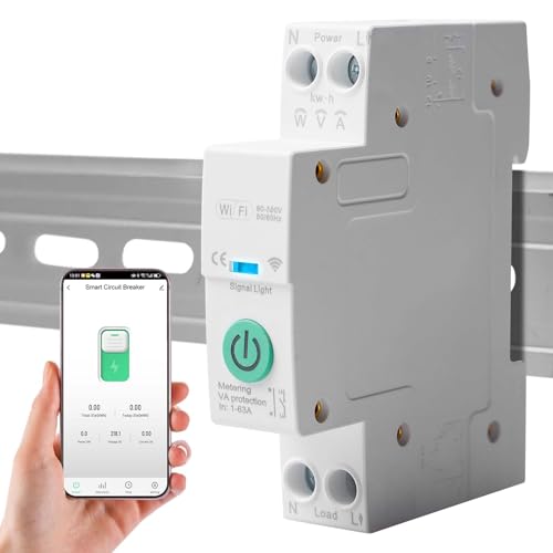 WiFi Smart Leitungsschutzschalter, 1P DIN-Schiene Home Fernbedienung Schalter, Wireless Fernbedienung Schalter Kompatibel mit Alexa und Google Assistant Smart Life TUYA APP(Mit Metering 1~63A) von Leikurvo