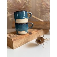 Handgemachte Keramik - Set Getöpferte Blaue Espressotassen | 2 Tassen | Tasse Handgetöpfert Kaffeetasse Farbverlauf Blau, Türkis von LeilaCeramicsAndArts