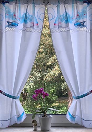 Leinenshop24 Landhaus Gardinen Set 2 St + 2 Bindebänder Himmel blau maritim mit Spitze 140x80cm/Gesamt 160cm breit 100% Baumwolle Tina von Leinenshop24