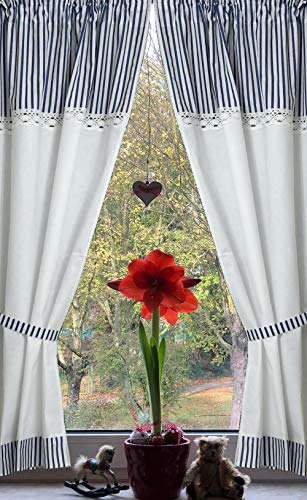 Leinenshop24 Landhaus Gardinen Set 2 St + 2 Bindebänder Weiß Blau gestreift mit Spitze 140x80cm/Gesamt 160cm breit 100% Baumwolle Greta von Leinenshop24