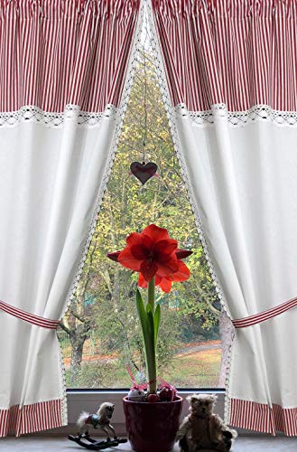 Leinenshop24 Landhaus Gardinen Set 2 St + 2 Bindebänder Weiß Rot gestreift mit Spitze 140x80cm/Gesamt 160cm breit 100% Baumwolle Greta von Leinenshop24
