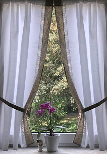 Leinenshop24 Landhaus Gardinen Set 2 St + 2 Bindebänder grau-weiß mit Spitze Maja 140x80cm/Gesamt 160cm breit 100% Baumwolle von Leinenshop24
