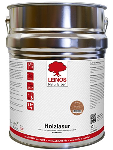 Wetterfeste Holzlasur für Außen 042 Teak dunkel 10,00 Liter – offenporiger Holzschutz mit Filmschutz gegen Pilzbefall – für Fenster, Türen, Zäune & Pergolen – wasserabweisend, lasierend von Leinos Naturfarben