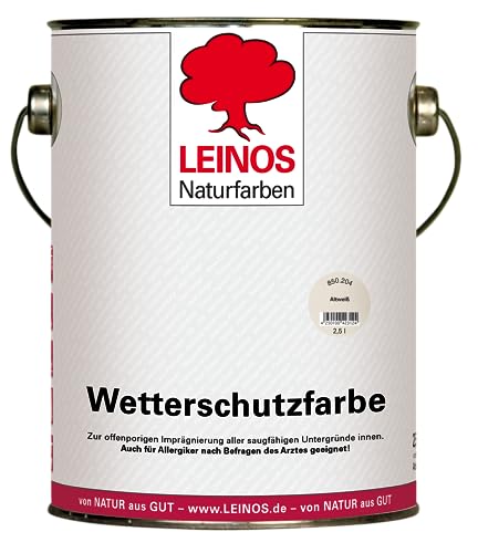 LEINOS Wetterschutzfarbe 2,5 l | Altweiß Holzlasur für Holzfassaden Fenster Gartenhäuser | wetterbeständige Deckfarbe, effektive Versiegelung, langanhaltender Schutz auf Ölbasis im Außenbereich von Leinos Naturfarben