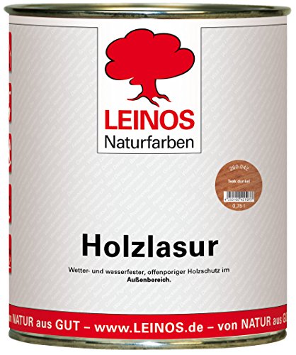 Wetterfeste Holzlasur für Außen 042 Teak dunkel 0,75 Liter – offenporiger Holzschutz mit Filmschutz gegen Pilzbefall – für Fenster, Türen, Zäune & Pergolen – wasserabweisend, lasierend von Leinos Naturfarben