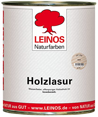 LEINOS 261 Holzlasur für Innen 202 Weiß – natürliche, atmungsaktive Lasur auf Wasserbasis für Möbel, Decken und Holzflächen im Innenbereich, offenporig, lösemittelfrei, geruchsarm, 0,75 Liter von Leinos Naturfarben