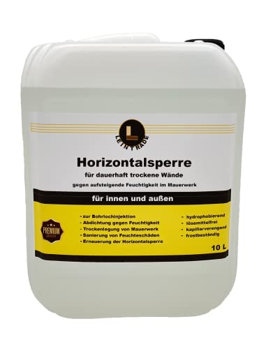 Leintrade Horizontalsperre (10L) Injektionsflüssigkeit, Dauerhafte Horizontalsperre für alle Mauerwerke, Wandabdichtung gegen aufsteigende Feuchtigkeit, wasserabweisend, Innen und außen anwendbar von Leintrade