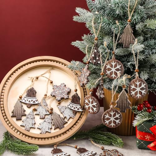 Leinuosen 24 Stück Holz-Weihnachtsschmuck, rustikales Bauernhaus, Vintage-Landhaus, 3D-Schneeflocke, Weihnachtsbaumschmuck, hängende Dekorationen für Zuhause, Kamin, Büro, festliche Dekoration von Leinuosen