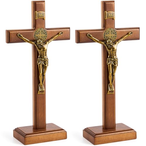 Leinuosen 25,4 cm Holzkreuz Kruzifix Wand und Tisch katholische Holzkreuze Stehendes Kreuz Dekor Jesus Christus Dekoration für Zuhause Taufe Kommunion Kirche (2 Stück) von Leinuosen