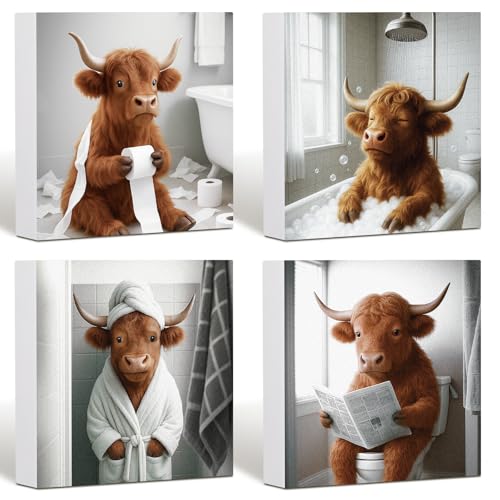 Leinuosen 4 Stück Hochlandkuh Badezimmer Dekoration Bauernhaus Hochland Kuh Schild 12,7 x 12,7 cm Rustikale Western-Badezimmer-Dekoration Lustiges Tier-Holzschild Wandkunst für Schlafzimmer Küche Büro von Leinuosen