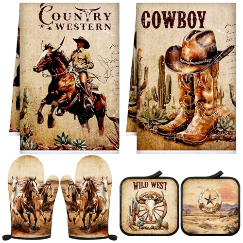 Leinuosen 6 Western Cowboy Küchentücher, Küchendekoration und Zubehör, Set mit Blumenpflanzen, Ofenhandschuhe und Topflappen, saugfähige Geschirrtücher zum Kochen, Backen, Grillen Leinuosen 6 Western Cowboy Küchentücher, Küchendekoration und Zubehör, Set mit Blumenpflanzen, Ofenhandschuhe und Topflappen, saugfähige Geschirrtücher zum Kochen, Backen, Grillen von Leinuosen
