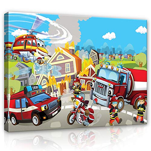 Forwall Leinwandbild Canvas Feuerwehr Kinderzimmer - Junge Helikopter Wandbilder für Kinder Bild Kunstdruck Kinderbild Wanddekoration 12548O6 80cm x 60cm von Leinwandbild Consalnet