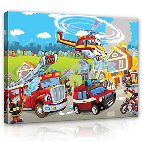 Forwall Leinwandbild Canvas Feuerwehr Kinderzimmer - Junge Helikopter Wandbilder für Kinder Bild Kunstdruck Kinderbild Wanddekoration 12549O1 100cm x 75cm von Leinwandbild Consalnet