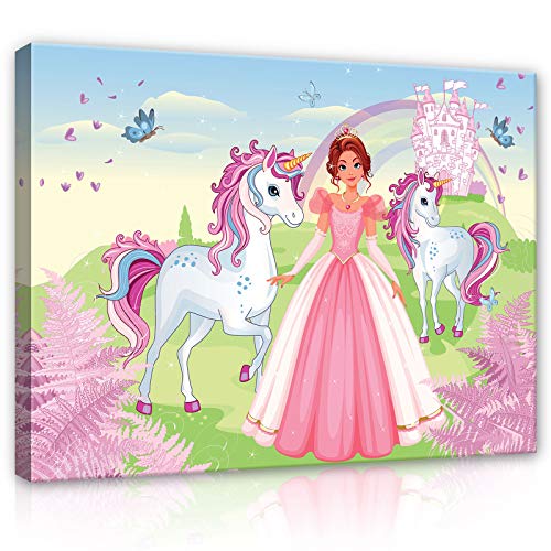 Forwall Leinwandbild Canvas Prinzessin Einhorn Kinderzimmer - Mädchen Rosa Schmetterling Wandbilder für Kinder Bild Kunstdruck Kinderbild Wanddekoration 13240O6 80cm x 60cm von Leinwandbild Consalnet