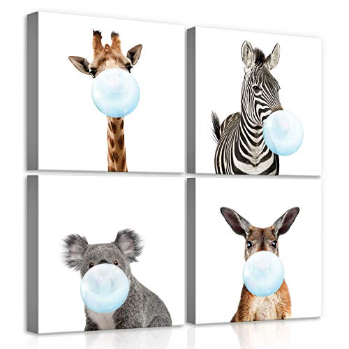 Forwall Leinwandbild Canvas Tiere Kinderzimmer - Giraffe Zebra Känguru Koala Kaugummi Kinderbild modern Wandbilder Bild Kinder Lustige Tiere PS12524S20 50cm x 50cm [4 x (25cm x 25cm)] von Leinwandbild Consalnet