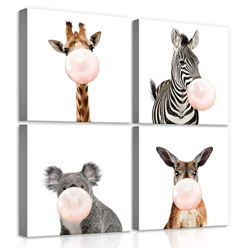 Forwall Leinwandbild Canvas Tiere Kinderzimmer - Giraffe Zebra Känguru Koala Kaugummi Kinderbild modern Wandbilder Bild Kinder Lustige Tiere PS12525S20 50cm x 50cm [4 x (25cm x 25cm)] von Leinwandbild Consalnet