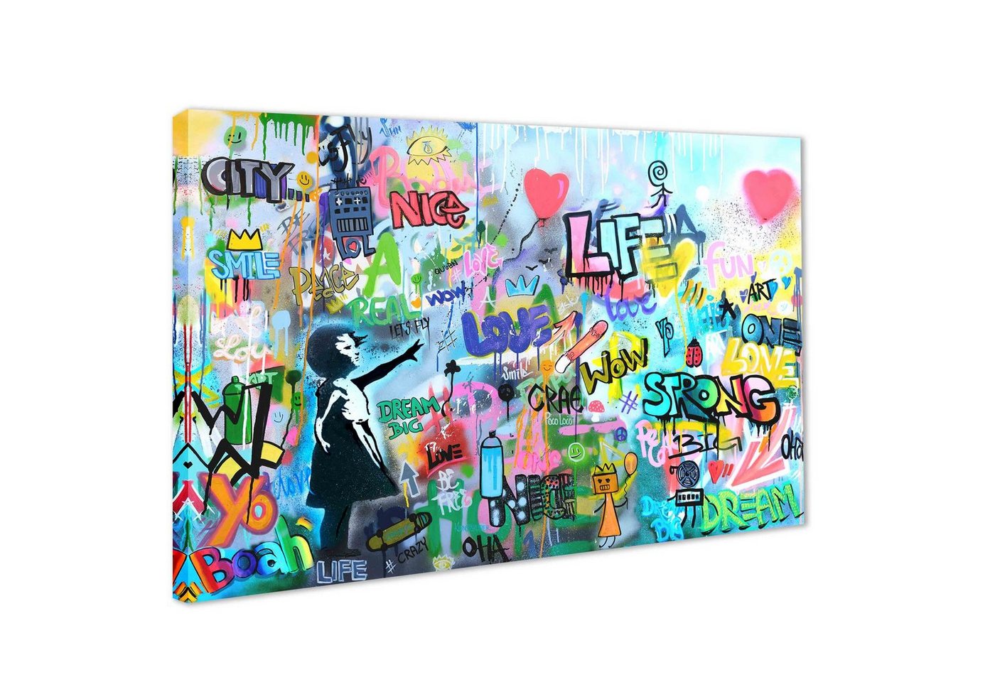 Leinwando Gemälde Abstrakte moderne Wandbild Bunt / Mädchen mit Herz Quer / Street Art von Leinwando