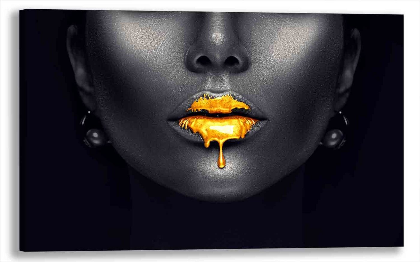 Leinwando Gemälde Leinwandbild / Sexy Lippen in Gold - Gold Lips Quer / Wandbild fertig zum aufhängen in versch- Größen von Leinwando