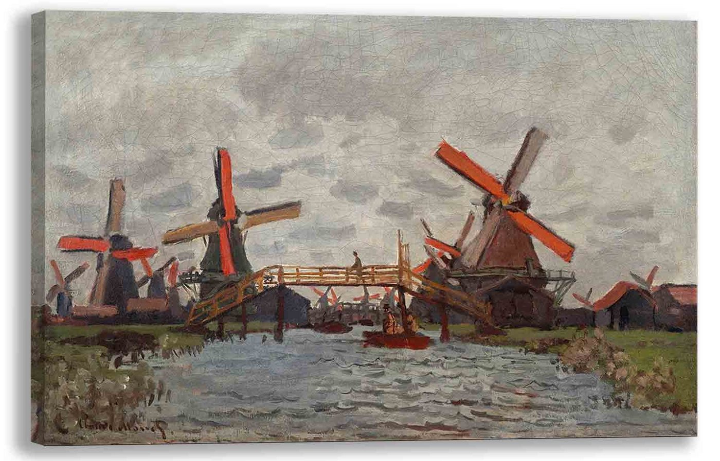 Leinwando Gemälde Leinwandbild / Windmühlen mit Fluss - Klassisch Moderne Kunst / Gemälde bereit zum aufhängen von Leinwando