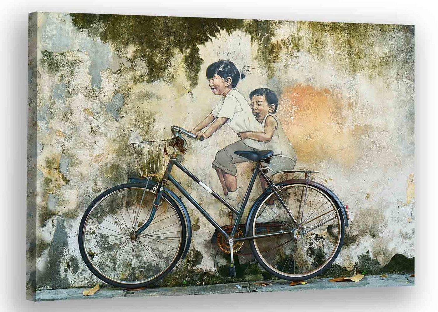 Leinwando Gemälde Wandbild / Kinder auf einem Fahrrad - Klassisch Asiatische Kunst / Gemälde bereit zum aufhängen von Leinwando