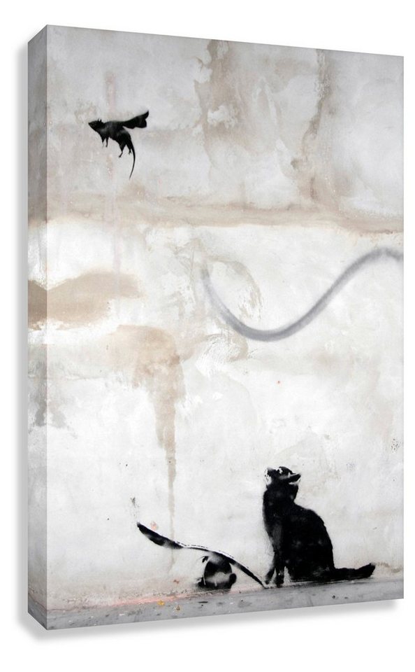 Leinwando Gemälde banksy bilder Katze und die Fledermaus / Streetart Leinwandbild - kunstdruck von Leinwando