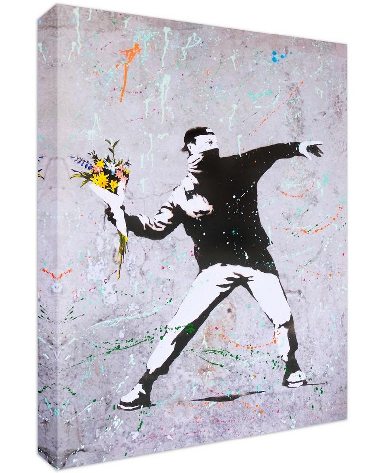 Leinwando Leinwandbild Banksy Flower Riot Bunt - Hoch / Street Art Bild zum Aufhängen von Leinwando