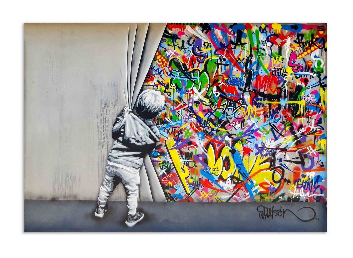 Leinwando Leinwandbild Banksy junge hinter dem Vorhang / boy behind the curtain Graffiti streetart Bilder von Leinwando