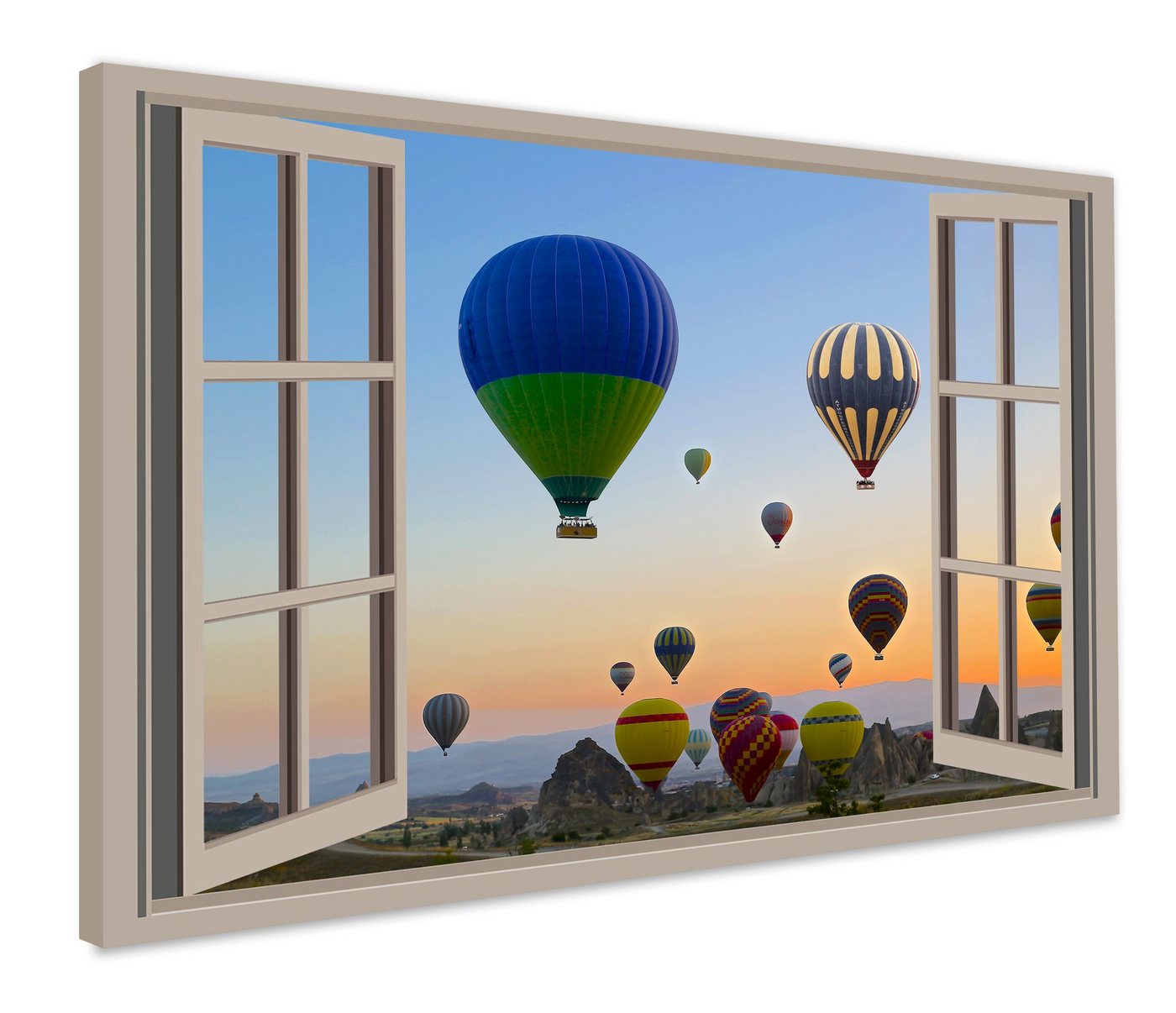 Leinwando Leinwandbild Gemälde / Fensterblick auf Heißluftballons - Moderne Kunst / Wanddekoration fertig zum aufhängen von Leinwando