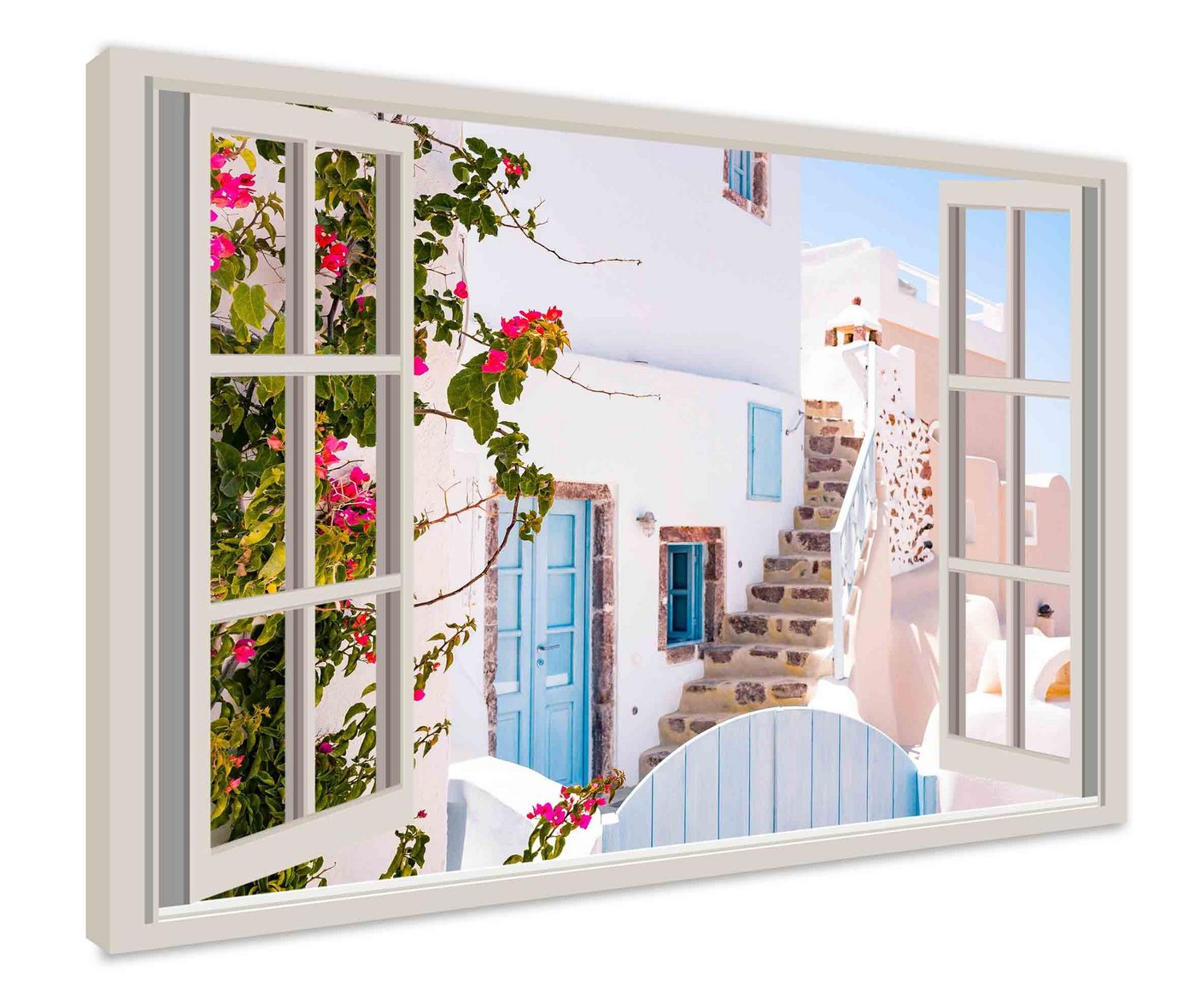 Leinwando Leinwandbild Gemälde / Fensterblick auf Santorini - Moderne Kunst / Wanddekoration fertig zum aufhängen von Leinwando