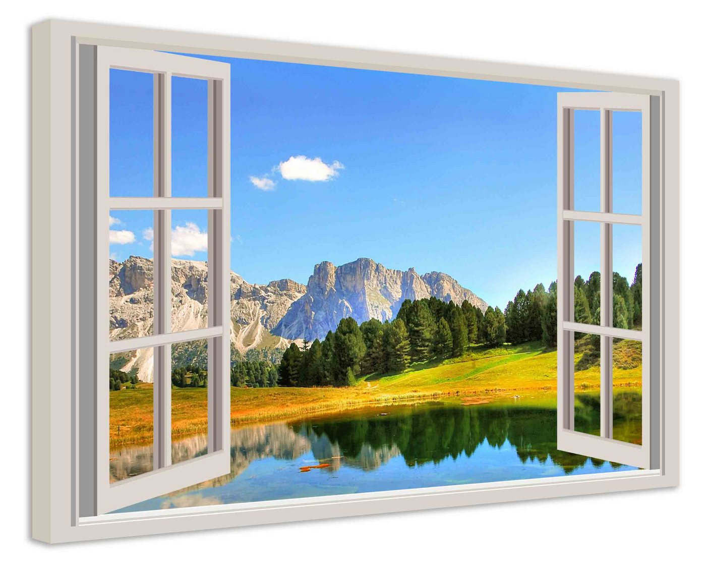 Leinwando Leinwandbild Gemälde / Fensterblick auf Weide mit See und Gebirge - Moderne Kunst / Wanddekoration fertig zum aufhängen von Leinwando