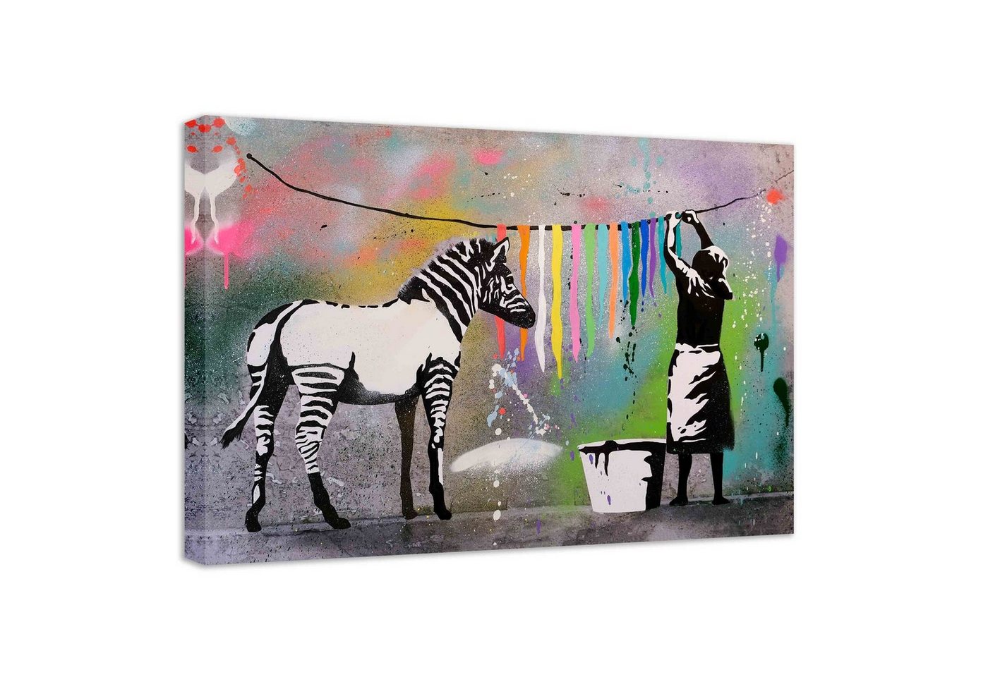 Leinwando Wandbild Banksy Bilder auf Leinwandbild Zebra Farbe/ Street Art graffiti fertig zum aufhängen von Leinwando