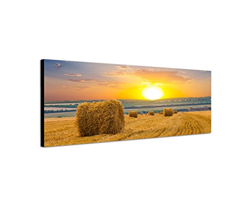 Wandbild auf Leinwand als Panorama in 150x50cm Feld Strohballen Herbst Sonnenuntergang von Leinwandparadies