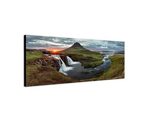 Wandbild auf Leinwand als Panorama in 150x50cm Island Landschaft Berge Wasser Abendlicht von Leinwandparadies