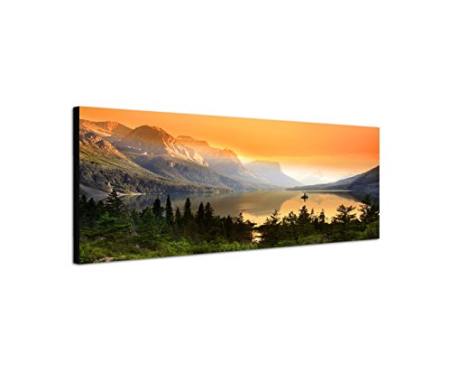 Wandbild auf Leinwand als Panorama in 150x50cm Nationalpark Bergsee Berge Wald Abendlicht von Leinwandparadies