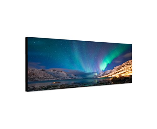 Wandbild auf Leinwand als Panorama in 150x50cm Norwegen See Berge Nacht Polarlichter von Leinwandparadies