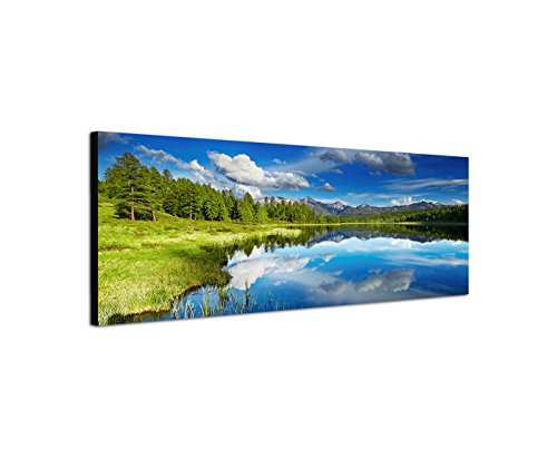 Wandbild auf Leinwand als Panorama in 150x50cm Russland Wald Wiese See Wolken von Leinwandparadies