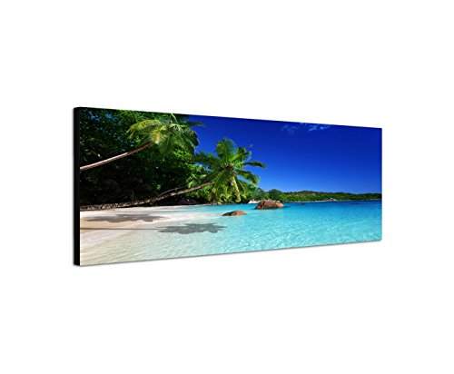 Wandbild auf Leinwand als Panorama in 150x50cm Seychellen Strand Meer Palmen von Leinwandparadies