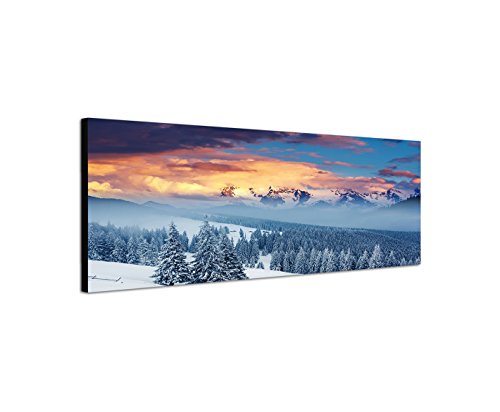 Wandbild auf Leinwand als Panorama in 150x50cm Ukraine Berge Wald Winter Schnee Wolken von Leinwandparadies