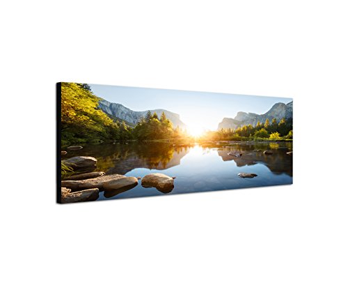 Wandbild auf Leinwand als Panorama in 150x50cm Yosemite Berge Wald Fluss Sonnenaufgang von Leinwandparadies